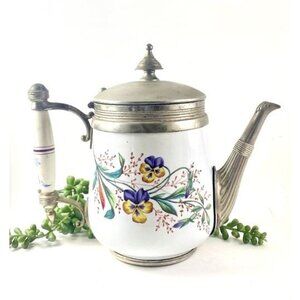 Antique Floral Enamel & Pewter Teapot